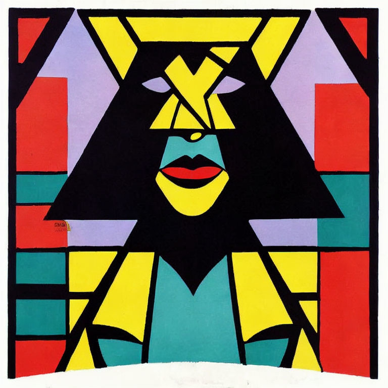 Colorful Geometric Portrait with Prominent Lips and Triangular Motif