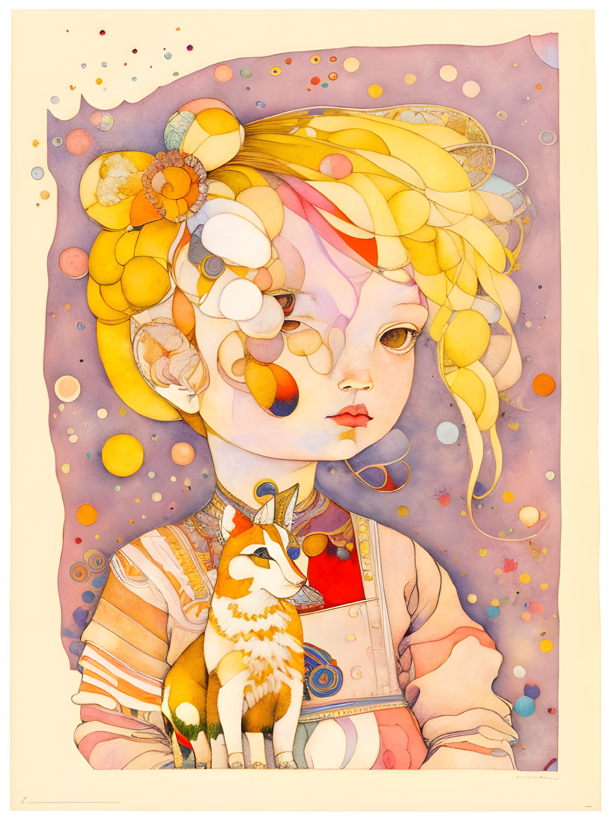 Colorful girl with floral hair and fox creature in whimsical illustration