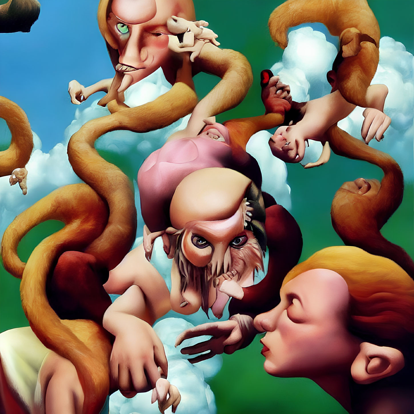 Surreal painting: Intertwined humanoid figures with exaggerated features and monkey tails on sky-blue