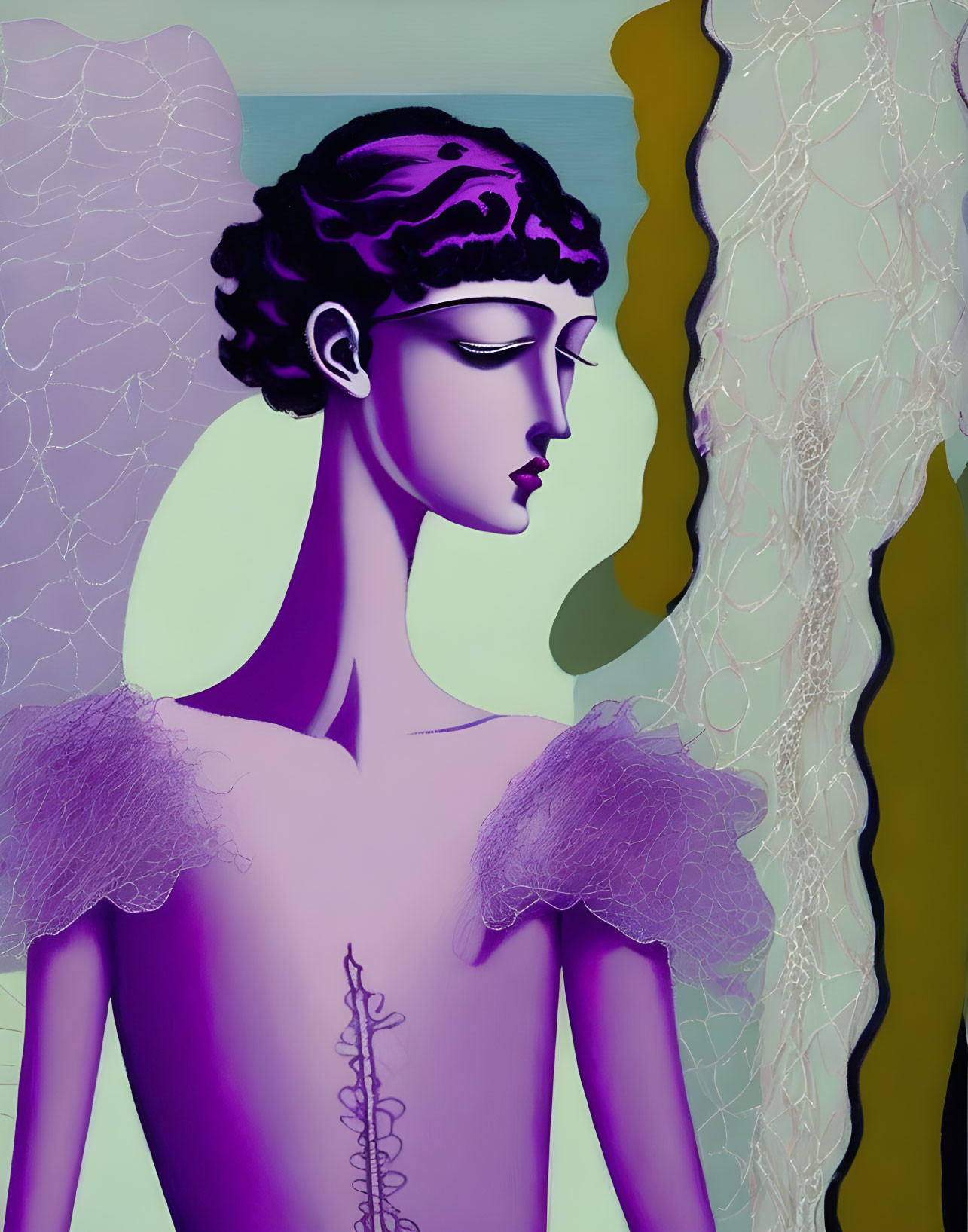 Purple-skinned person with classical hairdo and elegant dress against abstract background