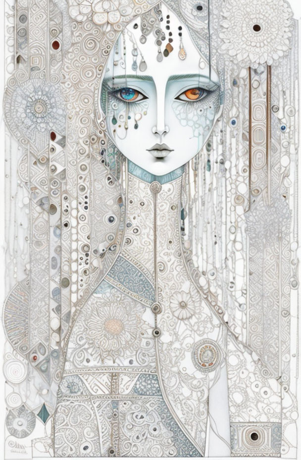 Stylized female figure with pale skin and blue eyes in monochromatic palette