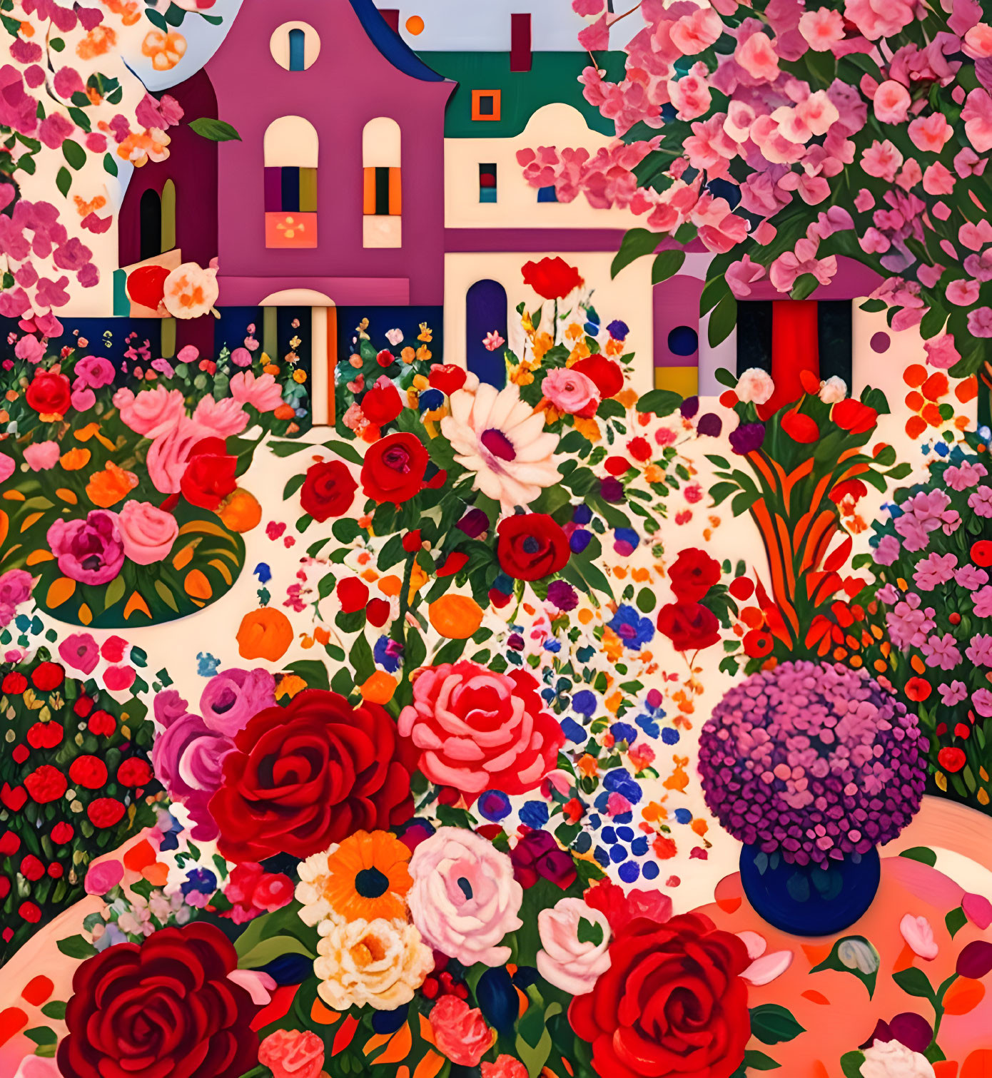 Vibrant floral garden with whimsical houses and blue vase.