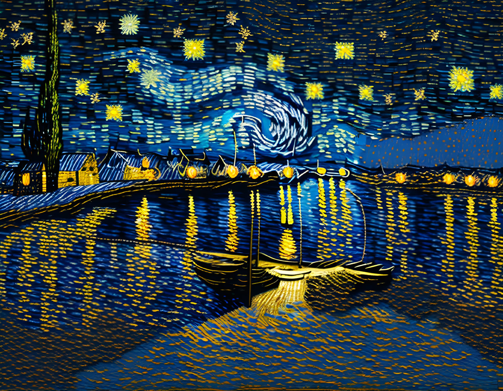 Colorful digital artwork inspired by swirling night sky over serene village with water reflections