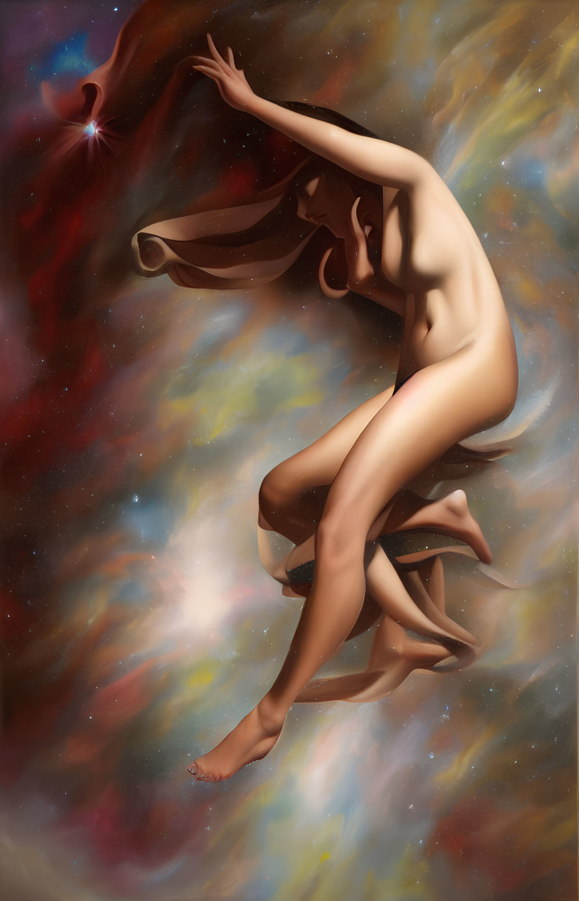 Nude figure floating in vibrant cosmic clouds