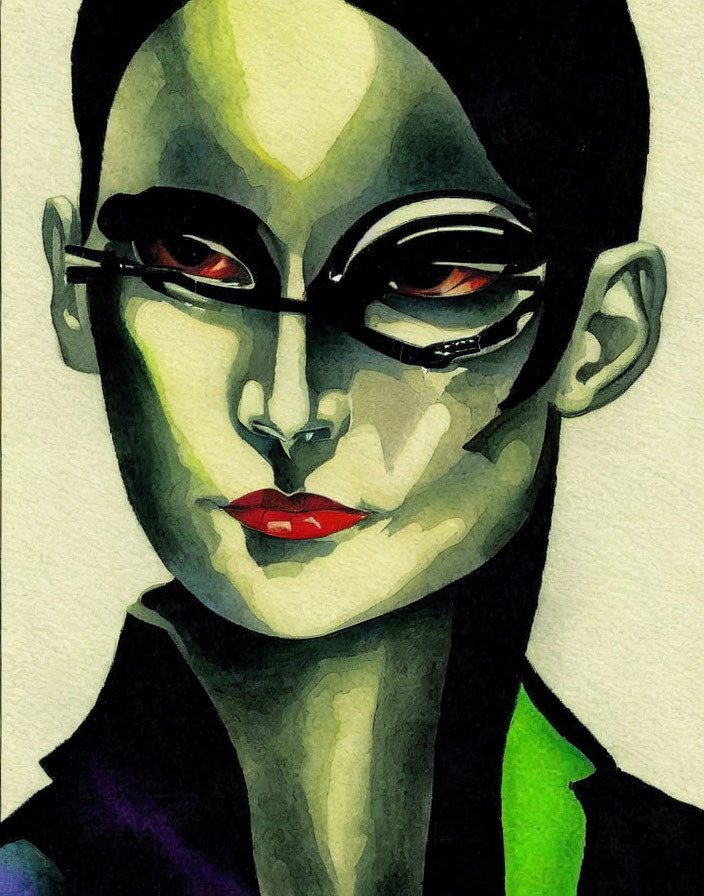 Stylized painting of person with sharp features and sunglasses