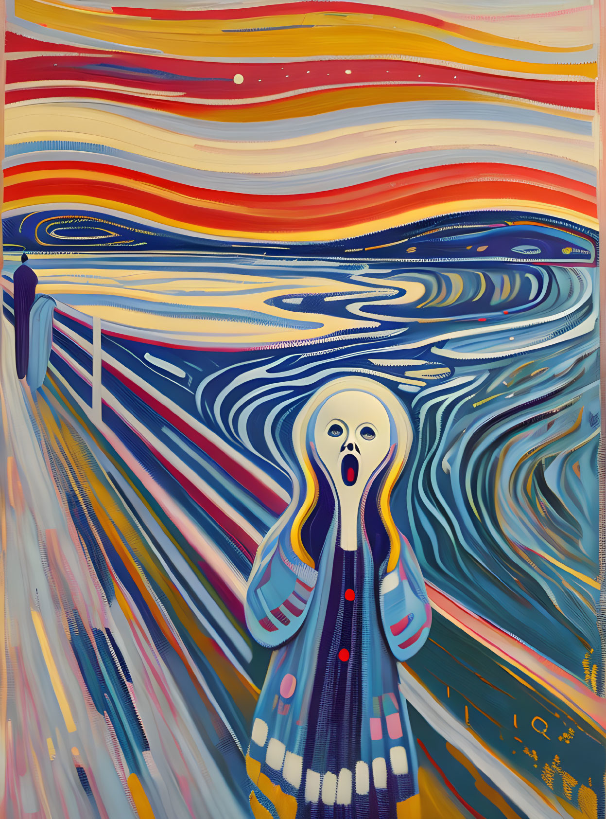 Abstract reinterpretation of "The Scream" with multicolored swirls.
