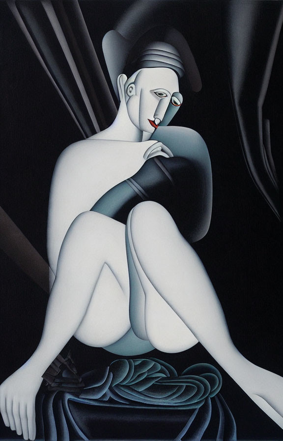 Stylized painting of seated figure with exaggerated proportions in gray tones against black background.