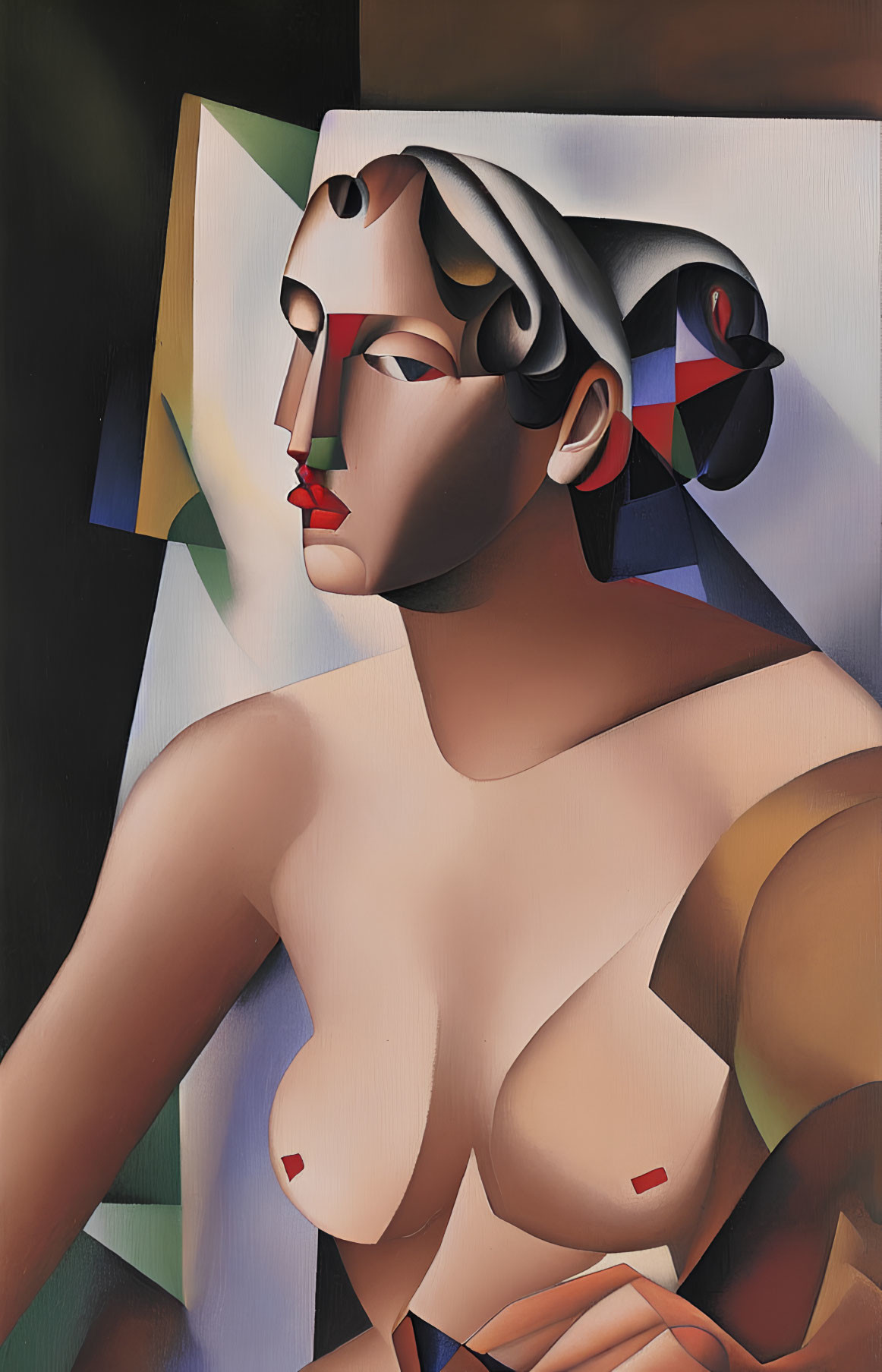 Abstract Cubist Portrait of Woman with Geometric Shapes and Contrasting Colors