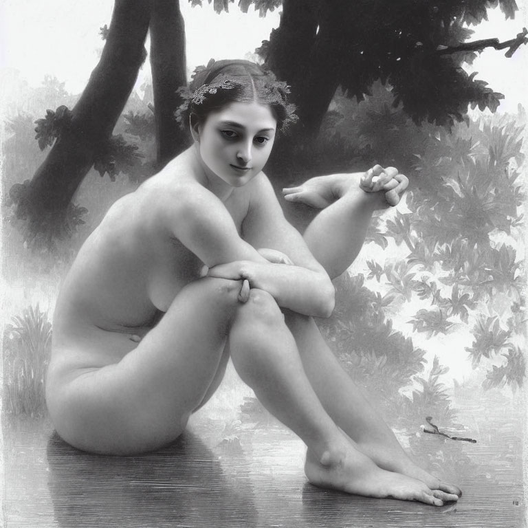 Monochrome image of nude woman by water in serene forest setting