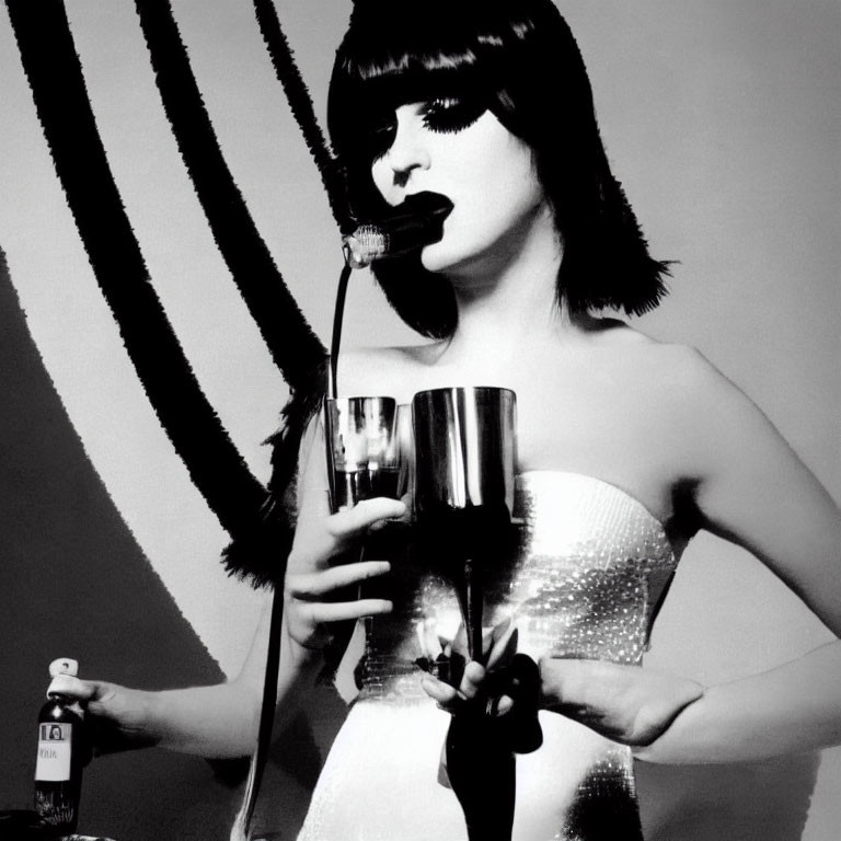 Monochrome image of person with bangs in sequined dress singing with microphone and drink