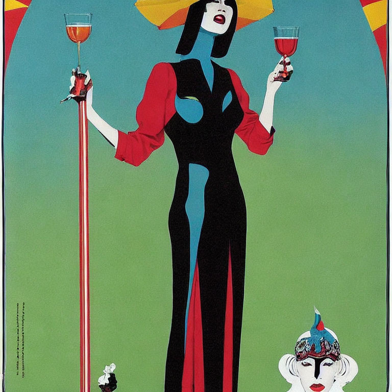 Stylized woman in black gown with wine glasses, surreal elements