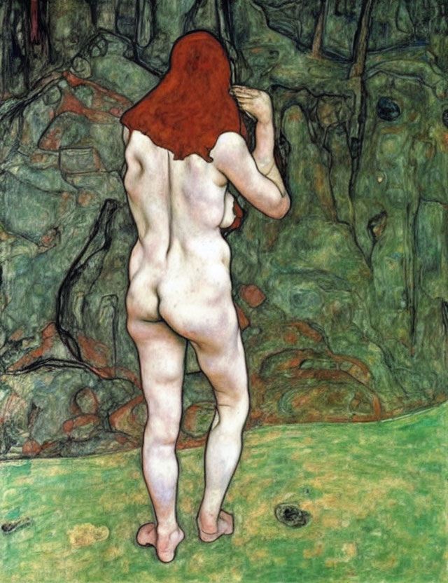 Nude woman with red hair standing in forest