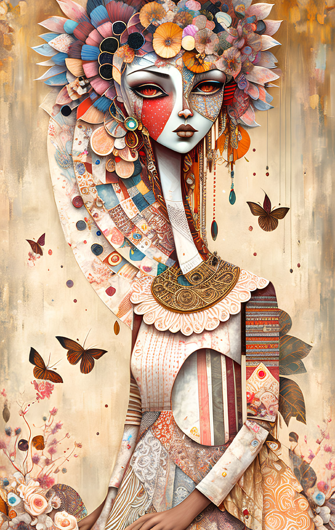 Vibrant illustration of woman with floral headdress and butterflies