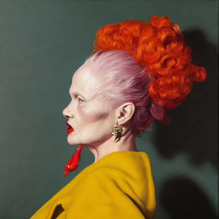 Profile View Portrait: Vibrant Orange Hair, Pale Skin, Red Lipstick, Yellow Outfit,