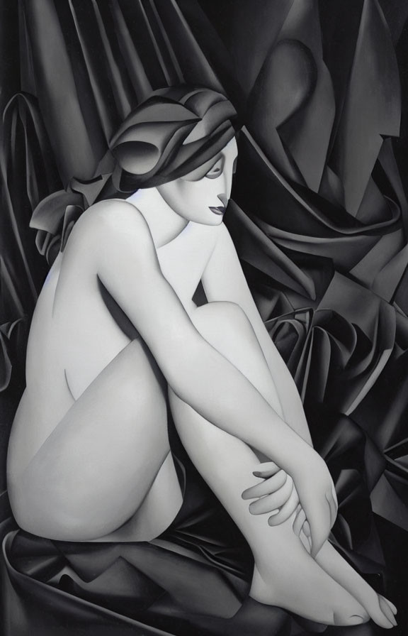Monochrome painting of woman in contemplation against abstract backdrop