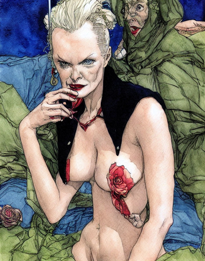 Pale, white-haired female vampire drinking blood with red eyes, rose, and skeletal hand, accompanied by