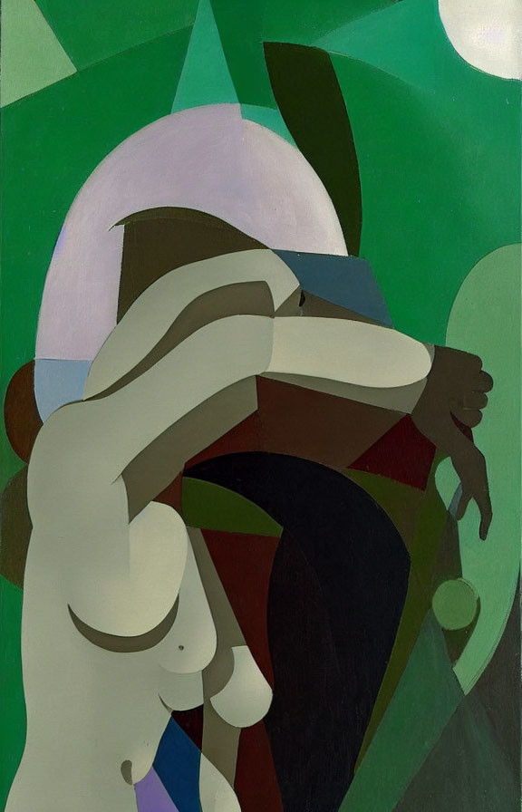 Cubist painting with green, white, and brown geometric shapes