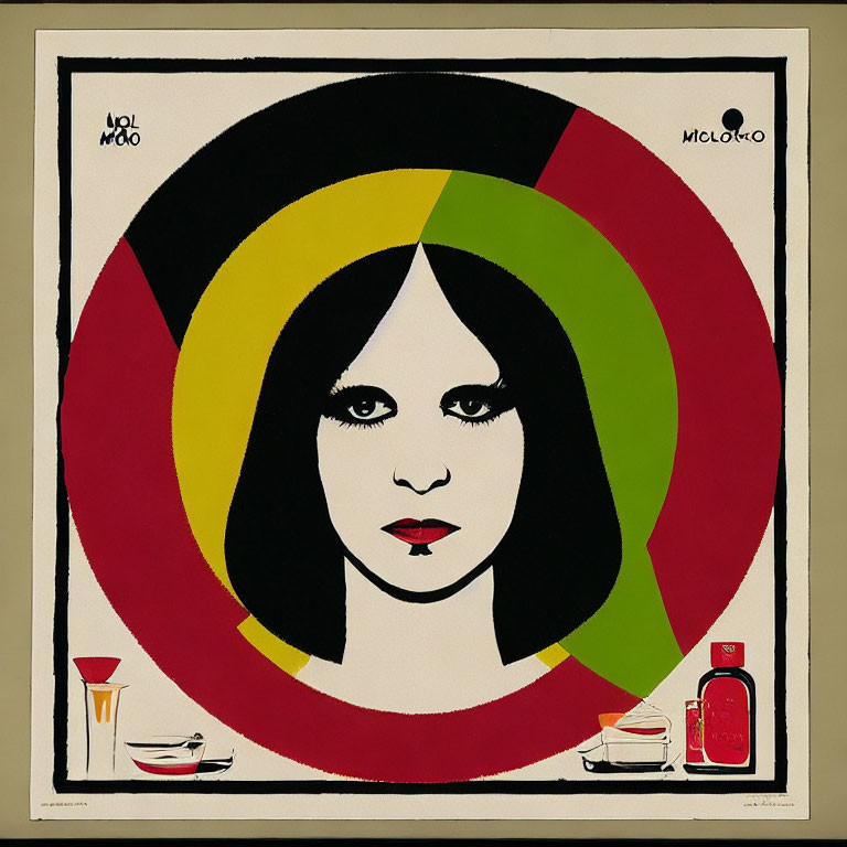 Vibrant graphic print of a stylized woman's face in circular frame