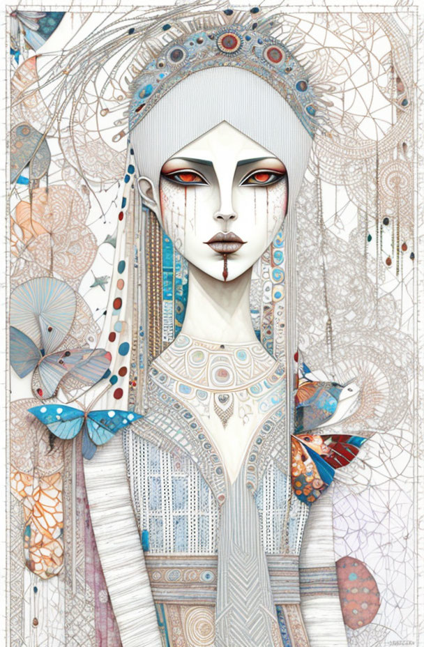 Detailed illustration of pale woman with red eyes, ornate headpiece, butterflies, and intricate garments.