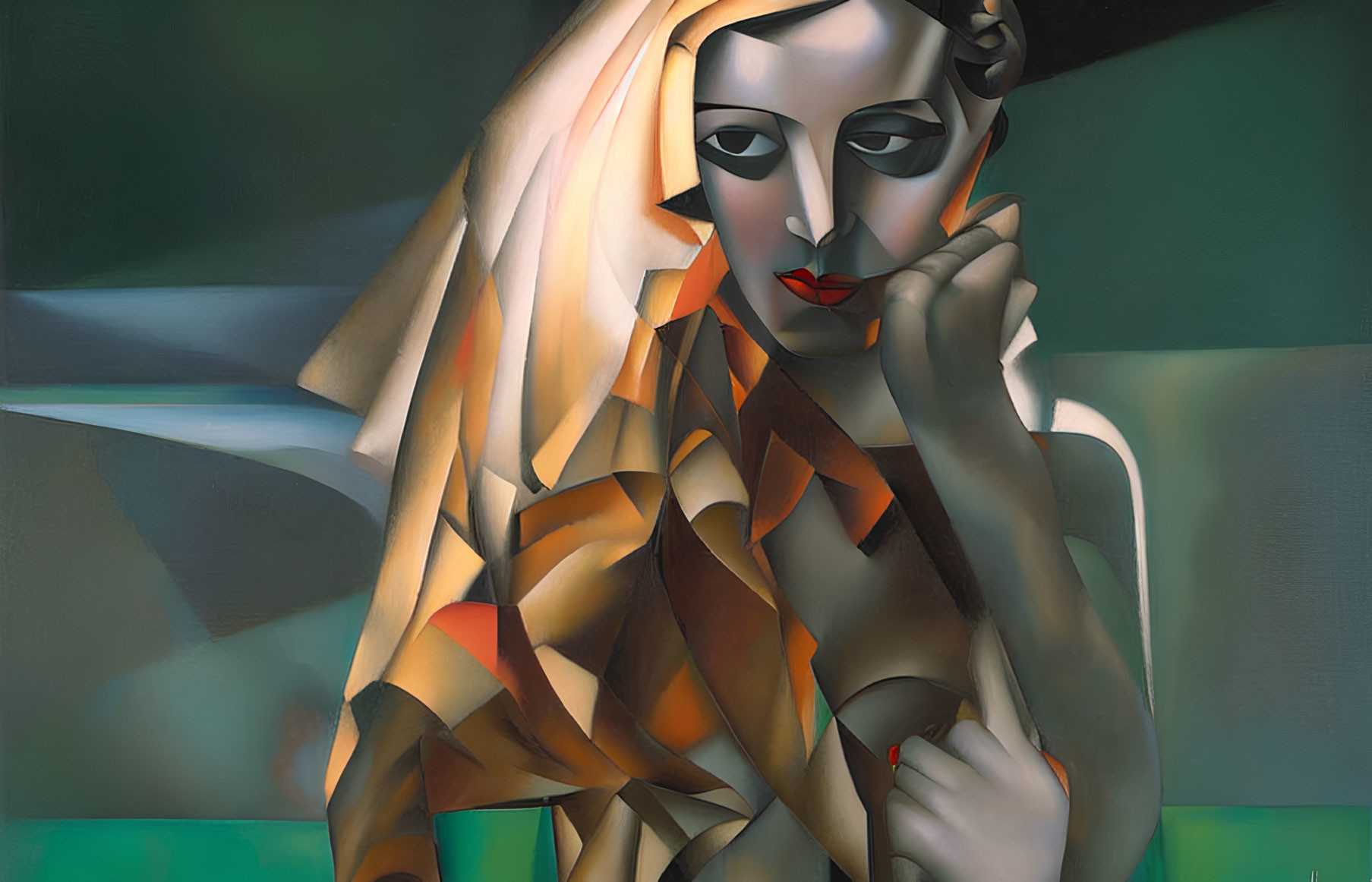 Cubist-style painting of reflective woman with fragmented features