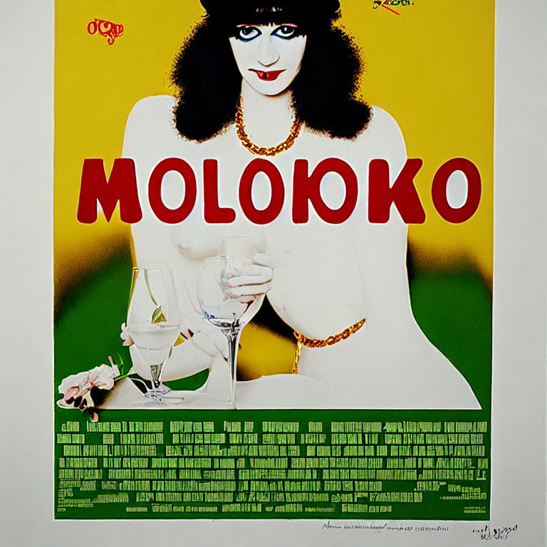 Colorful poster featuring stylized woman holding glass with bold "MOLOKO" text and green block