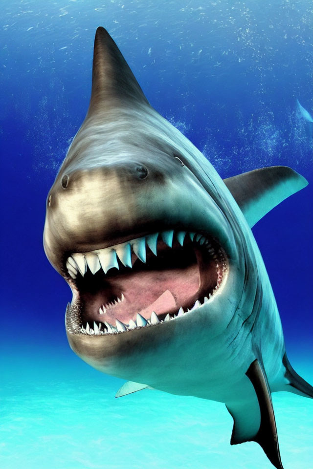 Large Shark with Open Mouth Swimming in Blue Ocean Waters