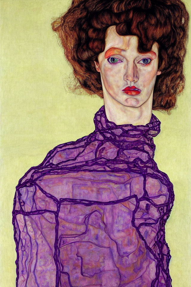 Portrait of a person with pale skin, blue eyes, curly brown hair, in purple garment on yellow