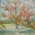 Colorful painting of blooming tree, pink flowers, round fruits, whimsical blue trees, styl