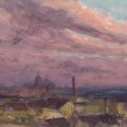 Cityscape painting at dusk with steeples under colorful sky.