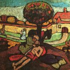Vibrant village painting with fruit tree and figures in coats on rolling hills