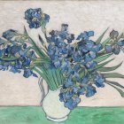 Colorful artwork: Blue irises in white vase with intricate background.