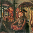 Illustration of bustling butcher's shop with workers in striped aprons serving meat to customers