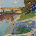 Scenic painting of river, bridge, castle, boats, and autumn trees