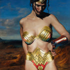 Cubist-style painting of a female superhero with tiara, bracelets, and lasso on blue