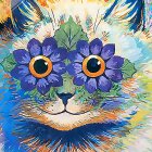 Abstract Cat Face Art with Geometric and Floral Patterns in Blue, Orange, and White