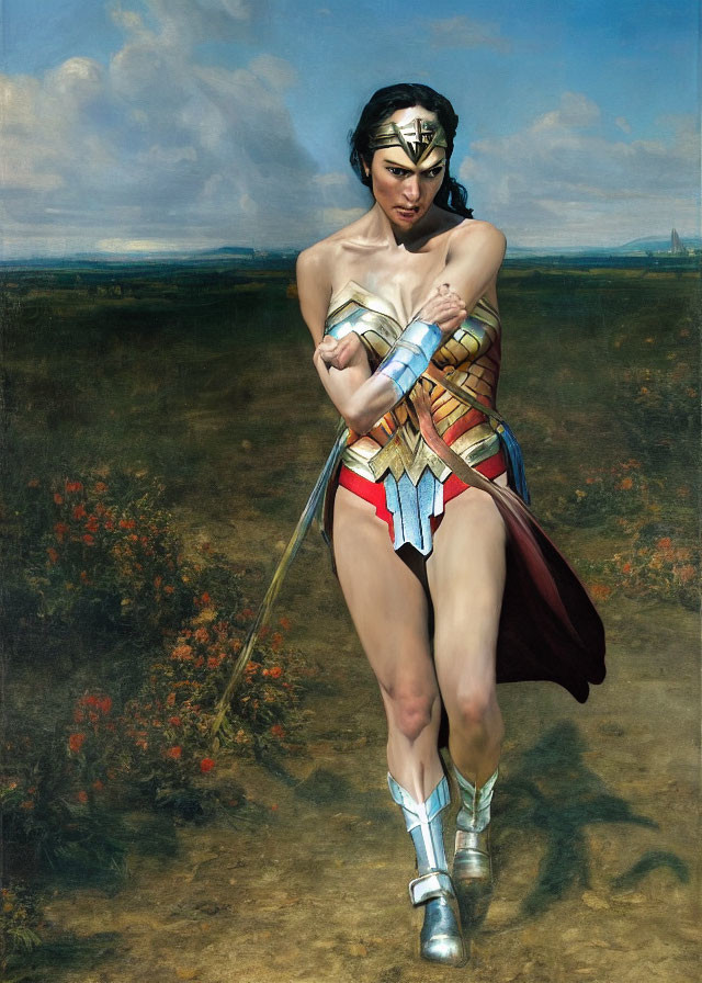 Iconic Wonder Woman painting in field with lasso pose