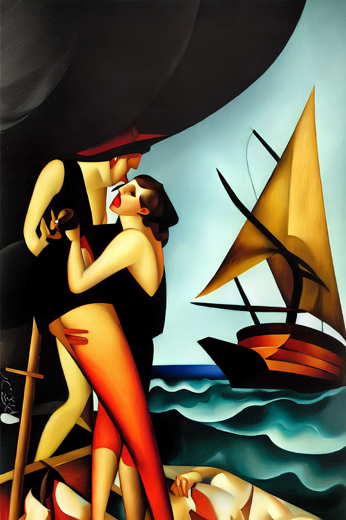Vibrant painting of couple embracing by the sea with sailboat