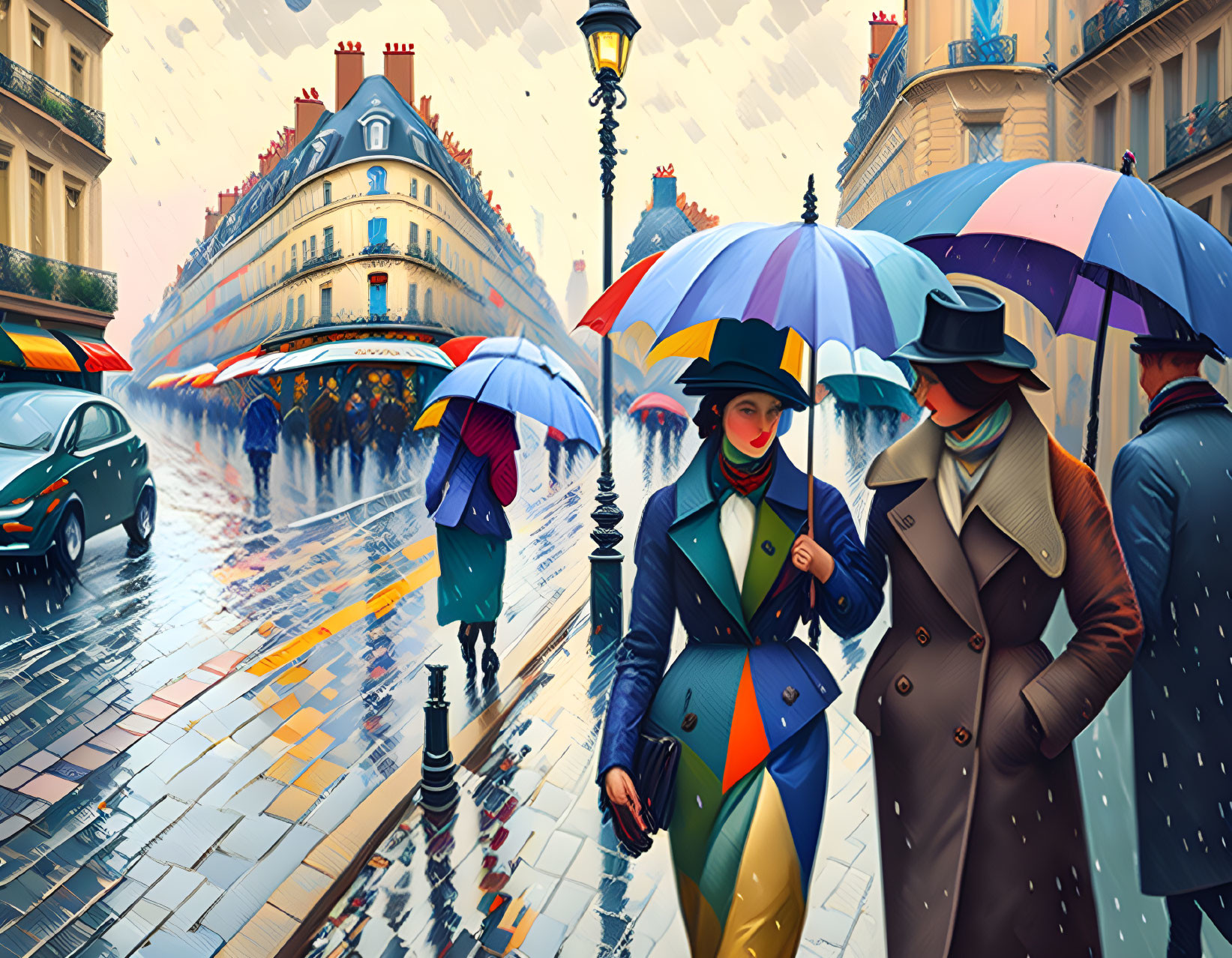 Vibrant umbrellas on rainy cobblestone street with classic architecture and stylish pedestrians