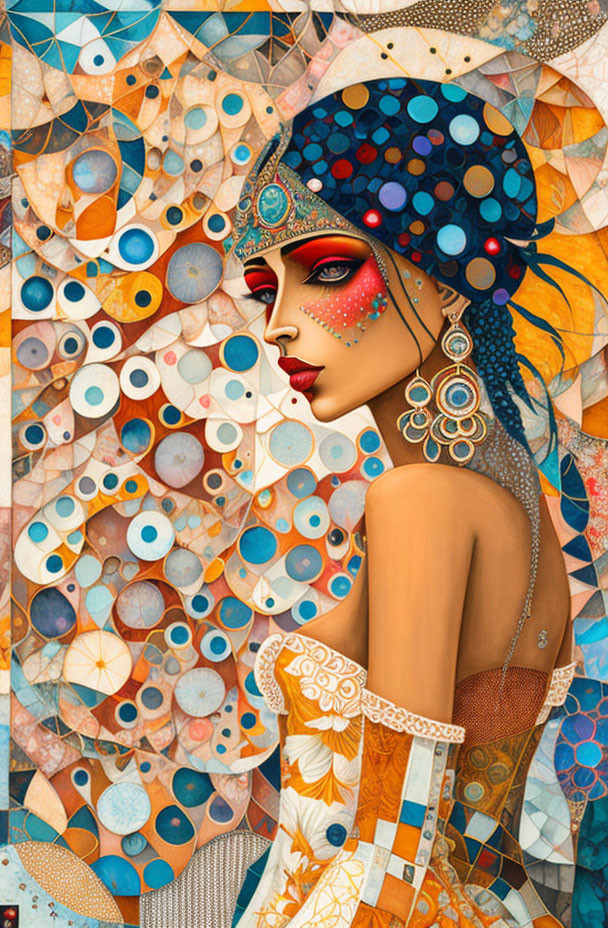 Colorful portrait of a woman with ornate headdress and earrings against geometric backdrop