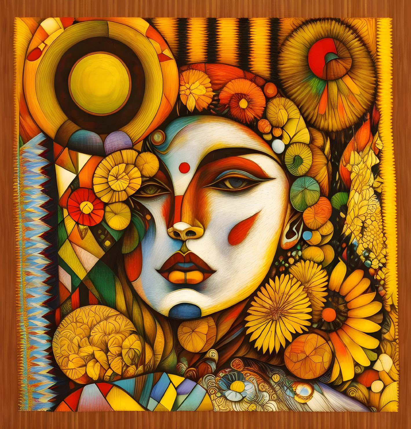 Vibrant abstract portrait of stylized female face with floral patterns