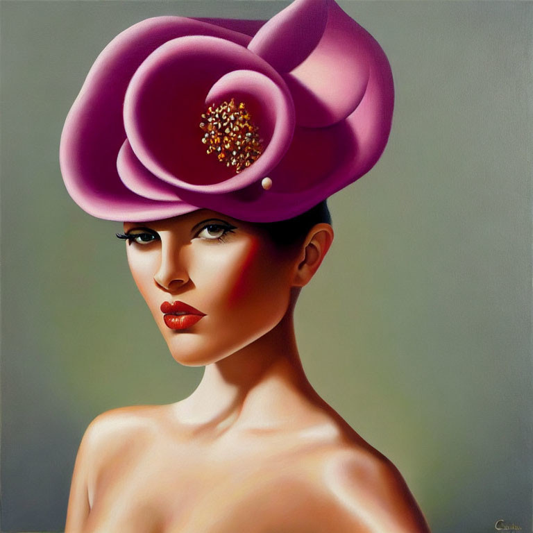 Portrait of a woman with oversized purple rose hat, exuding confidence