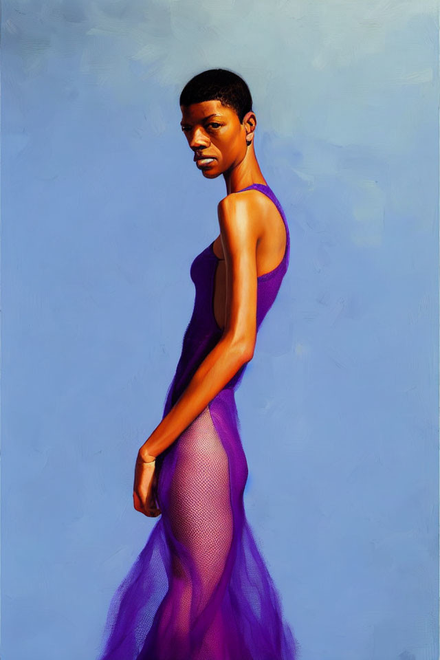 Serene person in purple dress on blue background