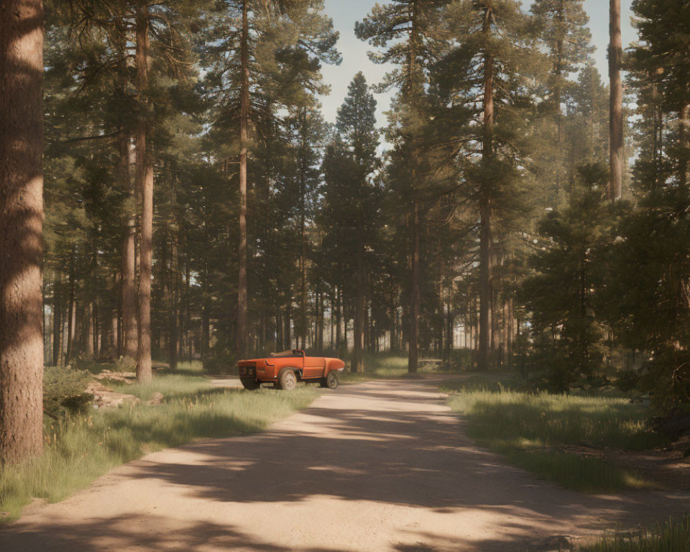 Serene pine forest with dirt road and red car