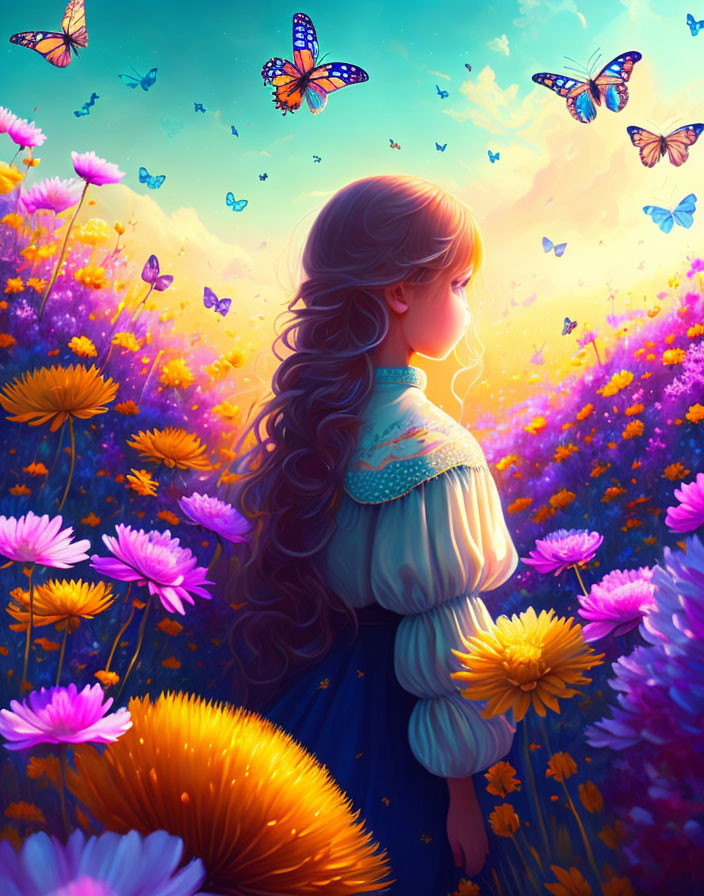 Girl with Long Hair Surrounded by Flowers and Butterflies at Sunset