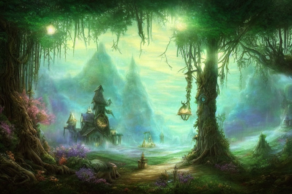 Mystical forest scene with green light, colorful flora, and quaint houses