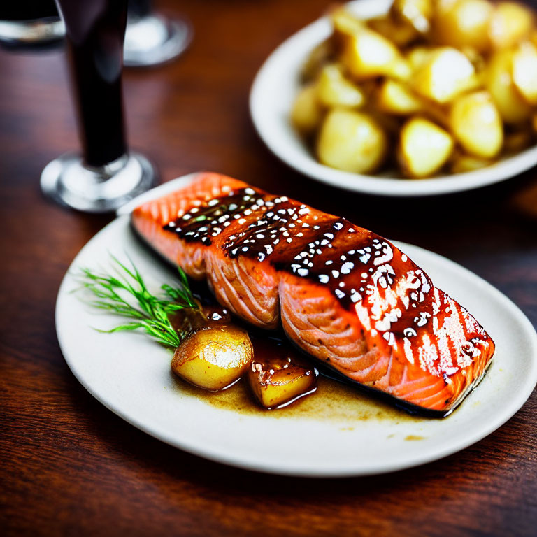 Sesame-Crusted Grilled Salmon with Roasted Potatoes on White Plate