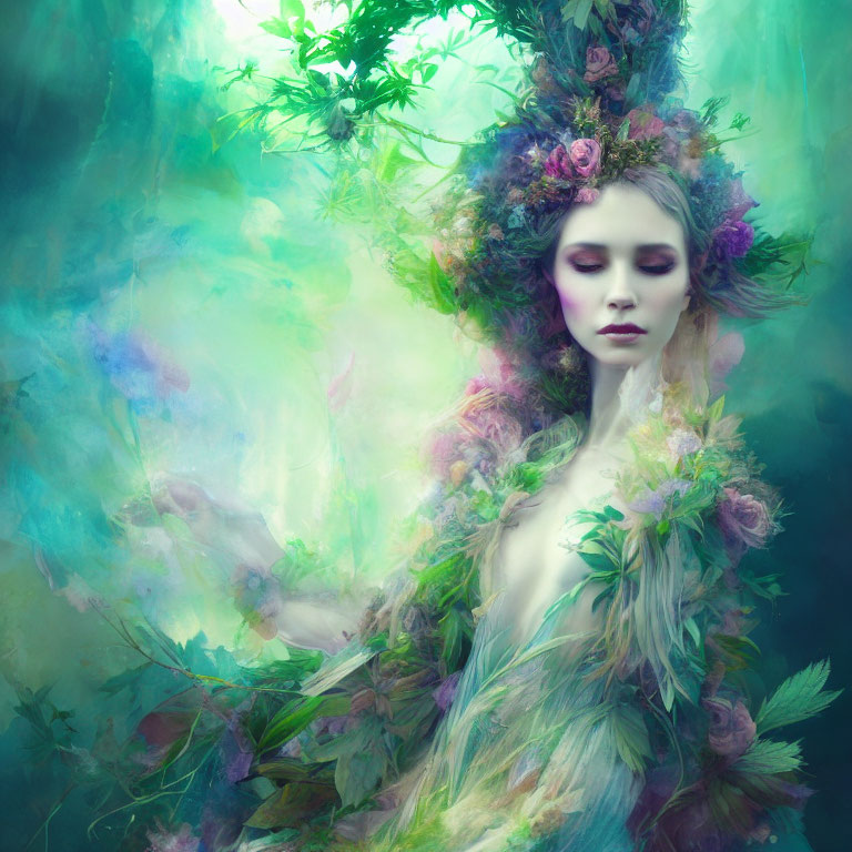 Woman with Floral Adornments in Ethereal Garden Portrait