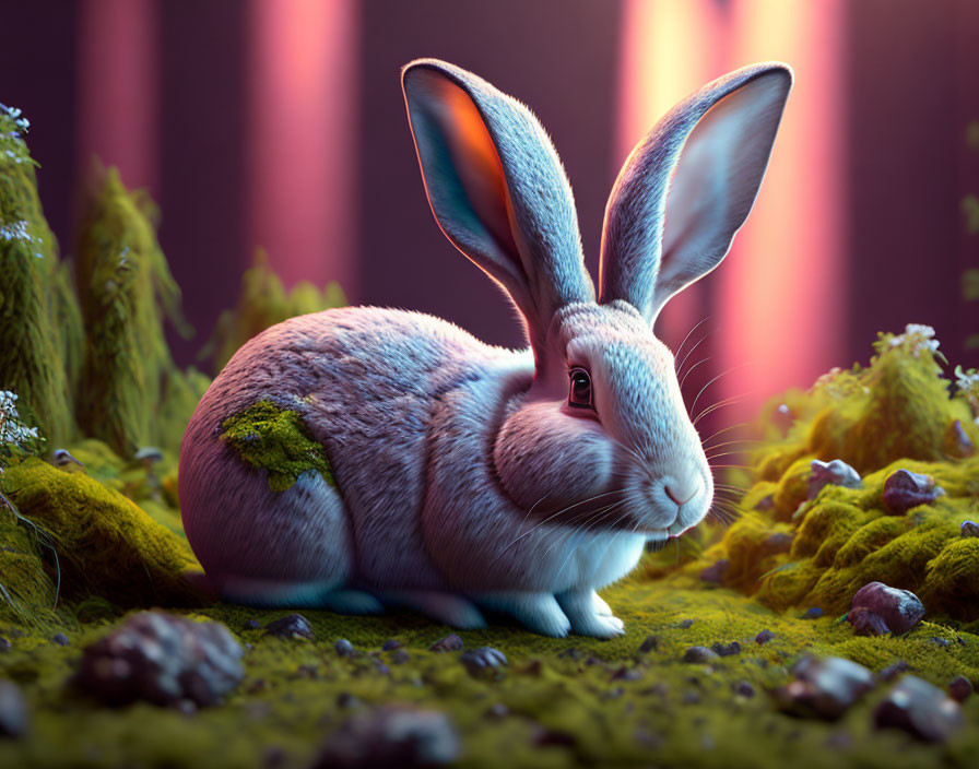 Realistic Rabbit in Moss and Rocks Under Forest Light