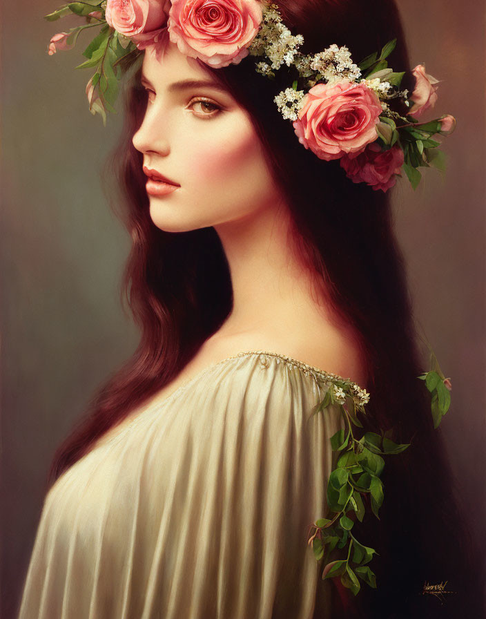 Portrait of a woman with pink rose floral wreath and off-the-shoulder dress