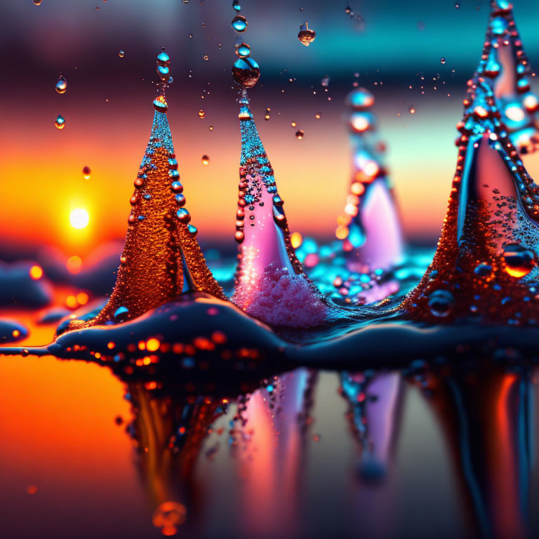 Shimmering water droplets on cone shapes at sunset